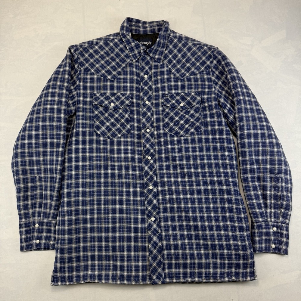 Vintage Wrangler Men's L Blue Plaid Western Shirt Jacket Pearl Snap